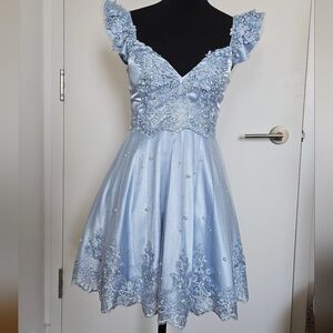 Kyabajo Gyaru Light Blue Lace Sweetheart Neckline Mini Dress With Pearls